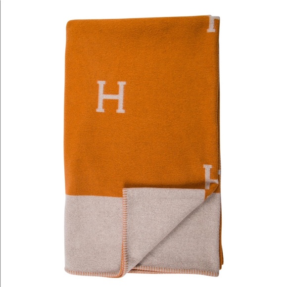 Hermès AVALON ORANGE &grey wool & cashmere blanket - Picture 6 of 8